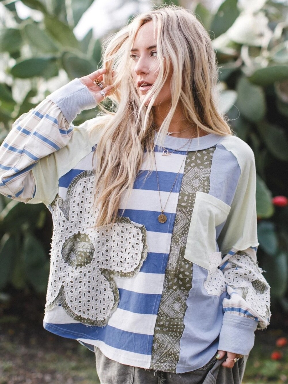 Oli & Hali Patchwork Eyelet Floral Mixed Media Boho Top Small